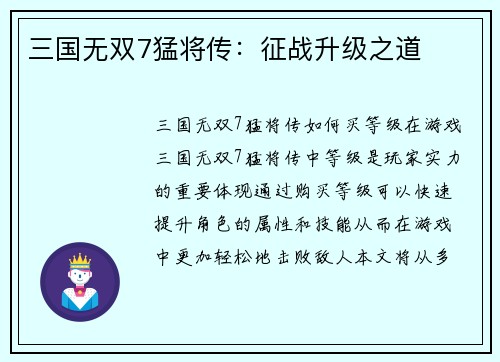 三国无双7猛将传：征战升级之道